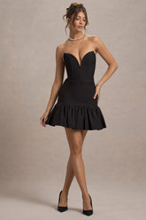 Black Sweetheart Mini Dress With Ruffle Hem